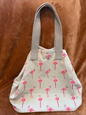 Gray Canvas Tote with Pink Flamingo Print